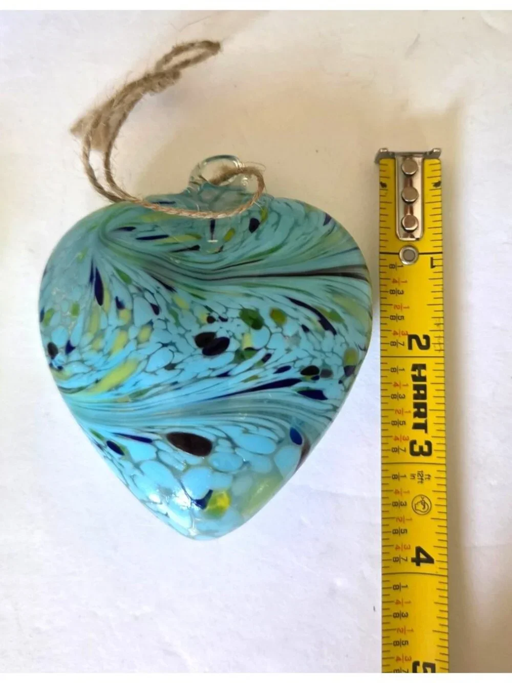 Set of 3 Handcrafted Blown Glass Heart Ornaments Blue & Green Swirl Design